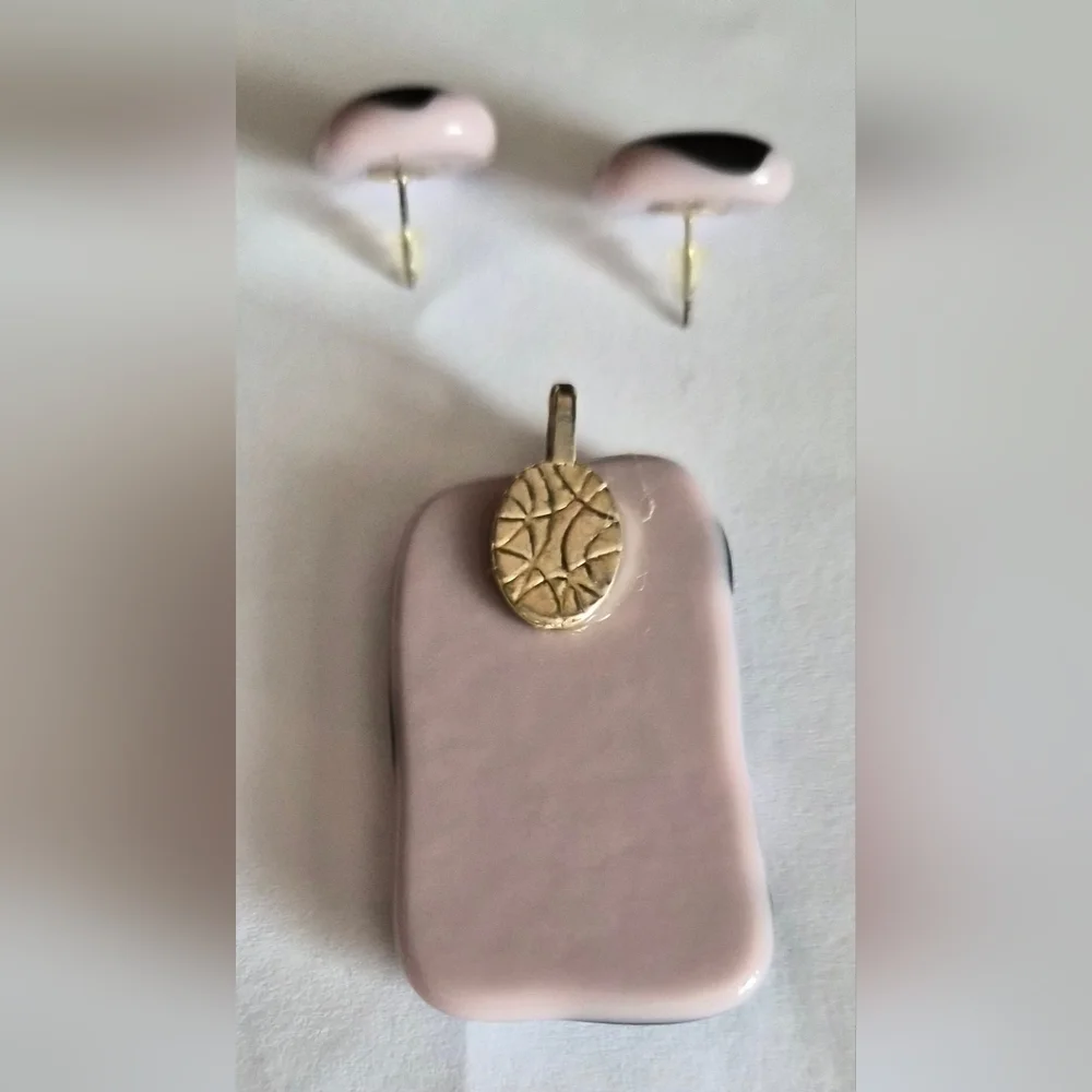 Handmade Black, White & Pink Glass Pendant and Earring Set
